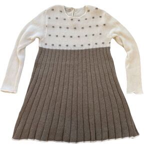 J.O. Milano Wool/Cashmere Blend Girls 6T Dress Cream/Tan Pleated Polka Dot Italy
